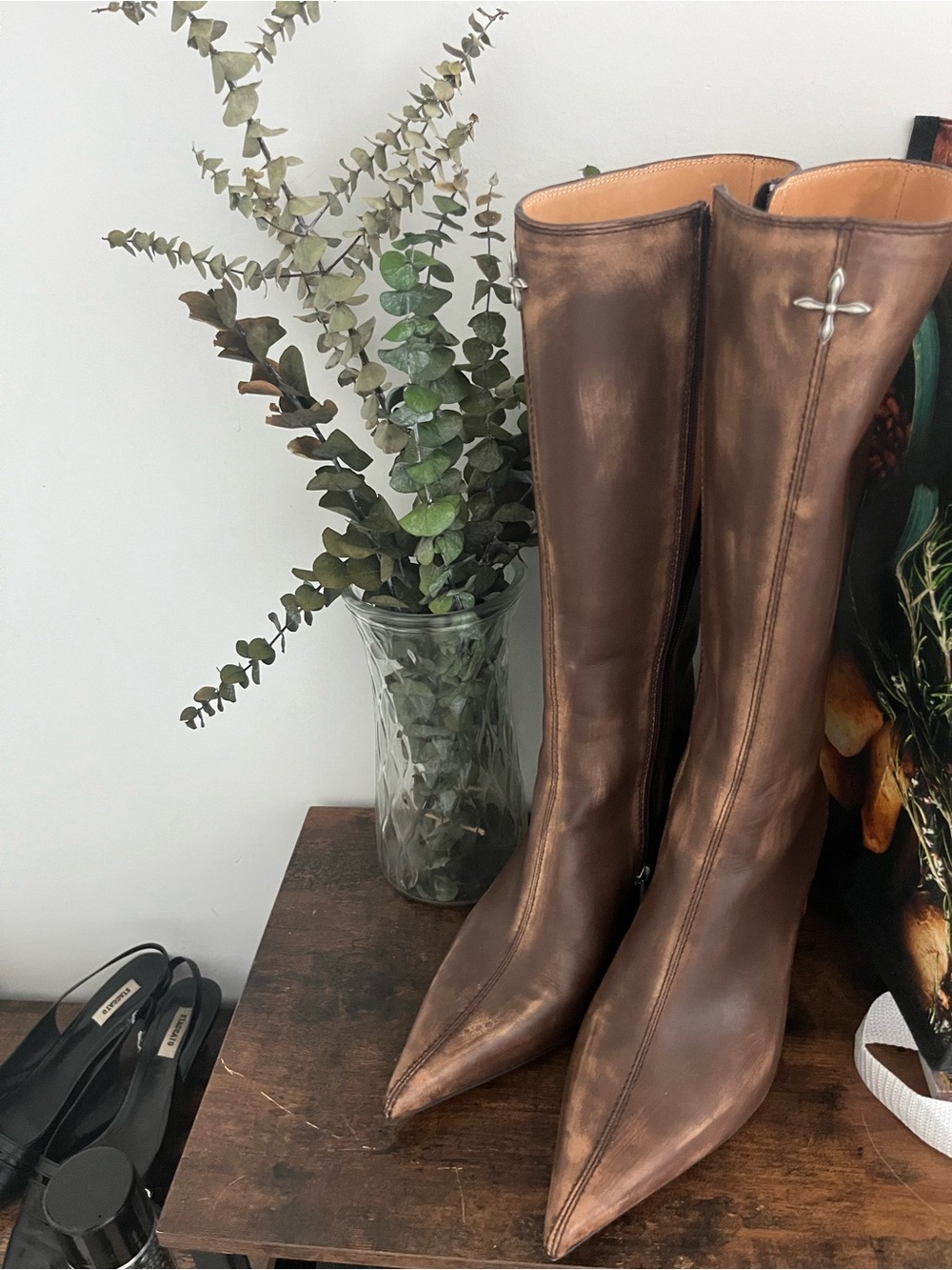 SMFK Over-the-Knee Pointed Leather Boots - Brown